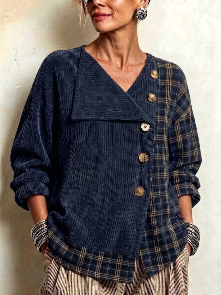 Corduroy Plaid Spliced Asymmetric Coat
