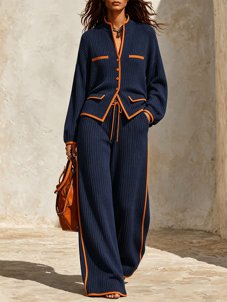 Stylish And Elegant Two-piece Ribbed Knit Set With Color-block Detail