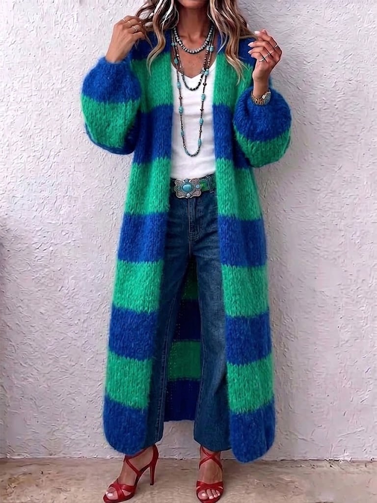 Color-block Striped Long Cardigan In A Relaxed Style