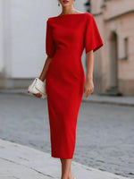 Women's Solid Color Classic Off-shoulder Short-sleeved Elegant Slim-fit Dress