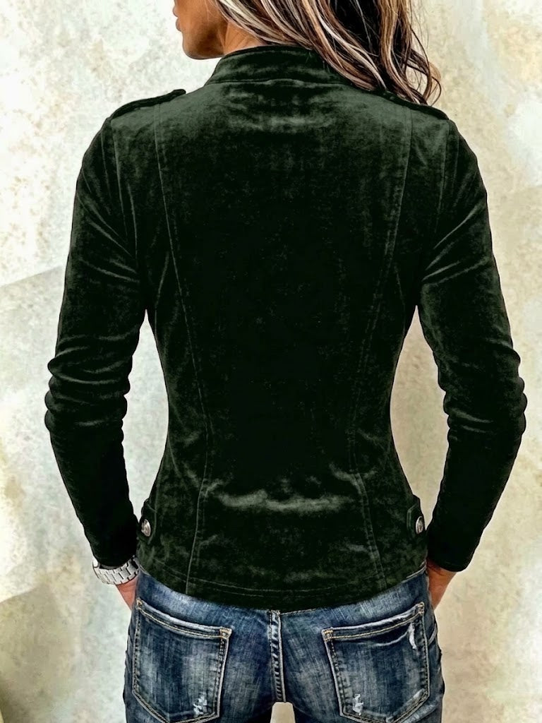 Vintage-style Velvet Jacket With A Stand Collar And Fitted Waist