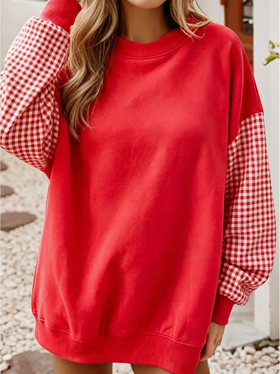 Chic Red Gingham Patchwork Crewneck Sweatshirt