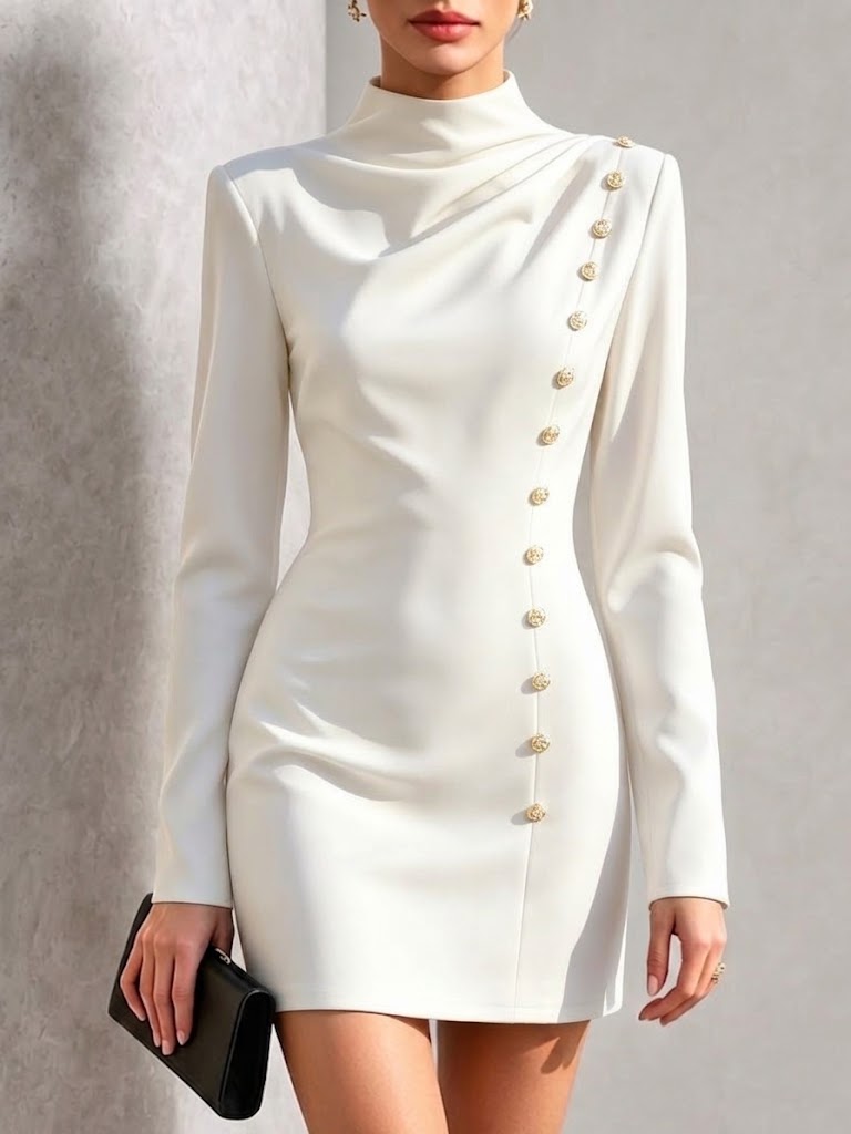 Long-sleeve, Slim-fit Mini Dress Featuring A Mock Neck And Decorative Gold Buttons On The Side