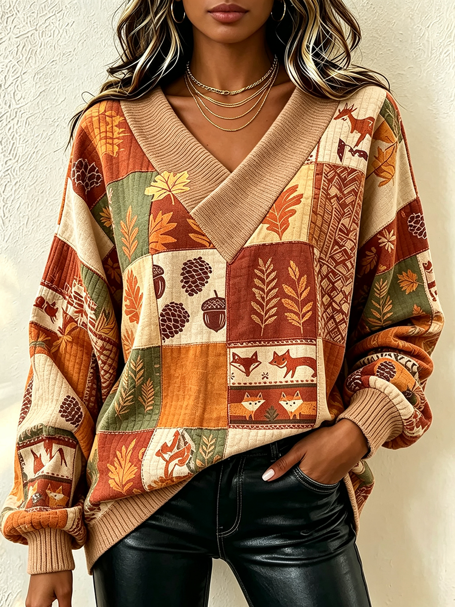 Chic Autumn-themed Patchwork Print Waffle Knit Pullover