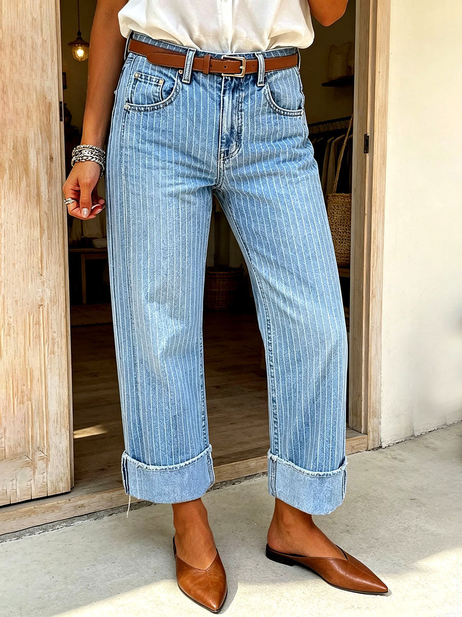 Relaxed Chic Pinstripe Light Wash Stretch Denim Wide-leg Jeans