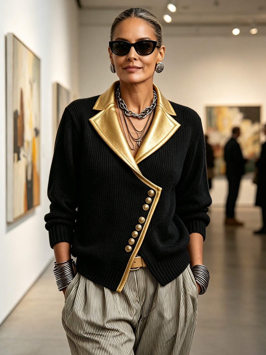 Chic Black Ribbed Knit Cardigan With Metallic Gold Lapels