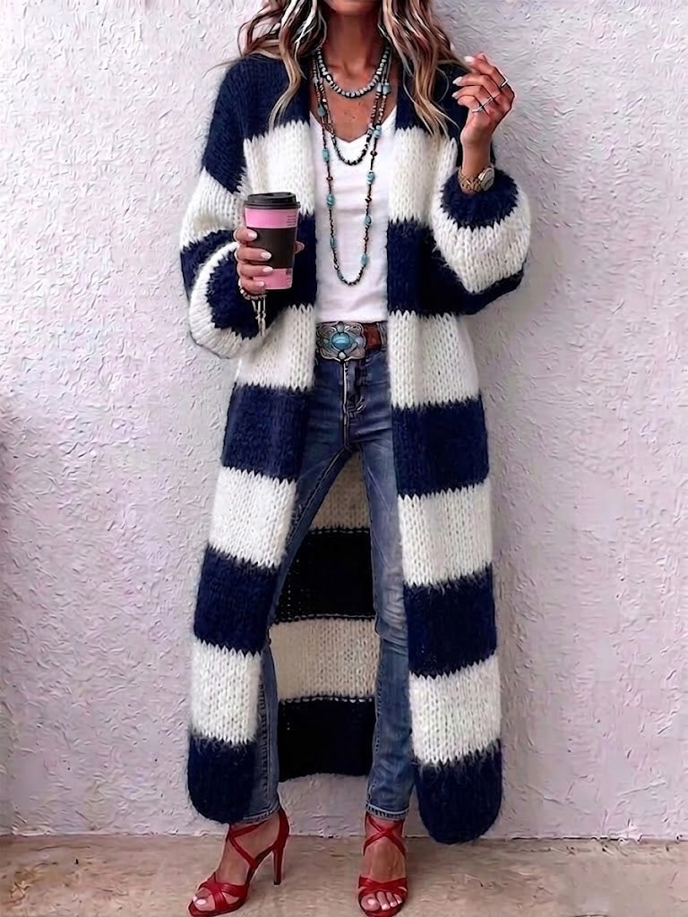 Color-block Striped Long Cardigan In A Relaxed Style