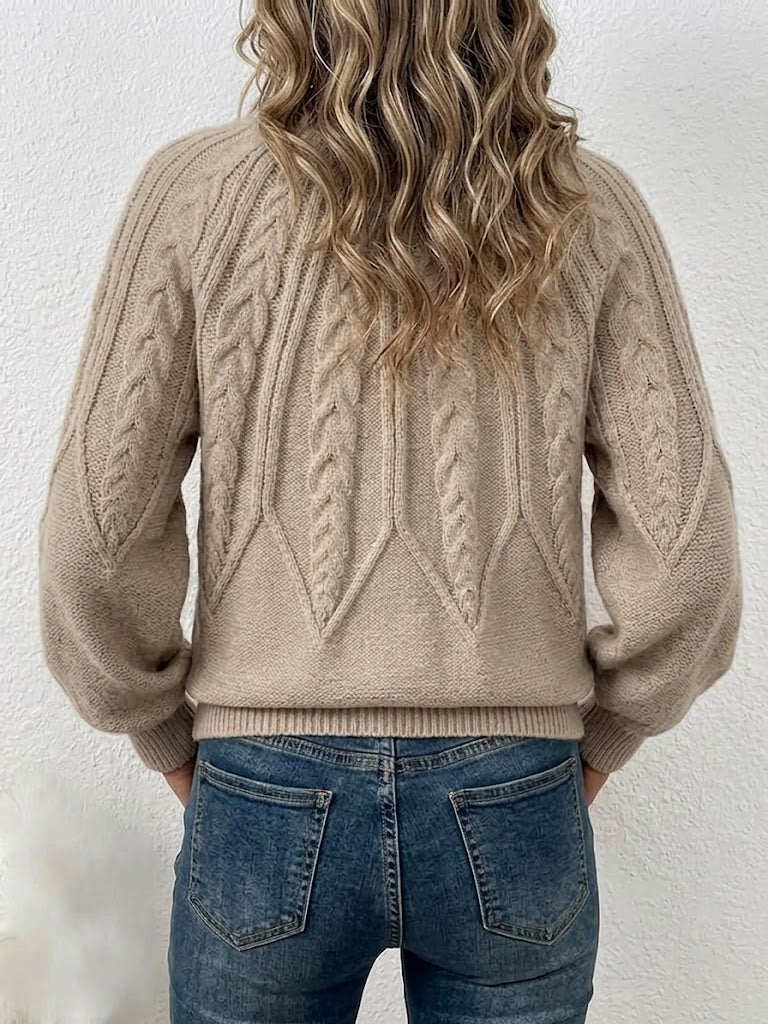 Vertical Cable Knit Raglan Balloon‑sleeve Crew Neck Sweater
