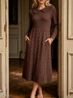 Classic Brown Cable-Knit Collar Midi Dress