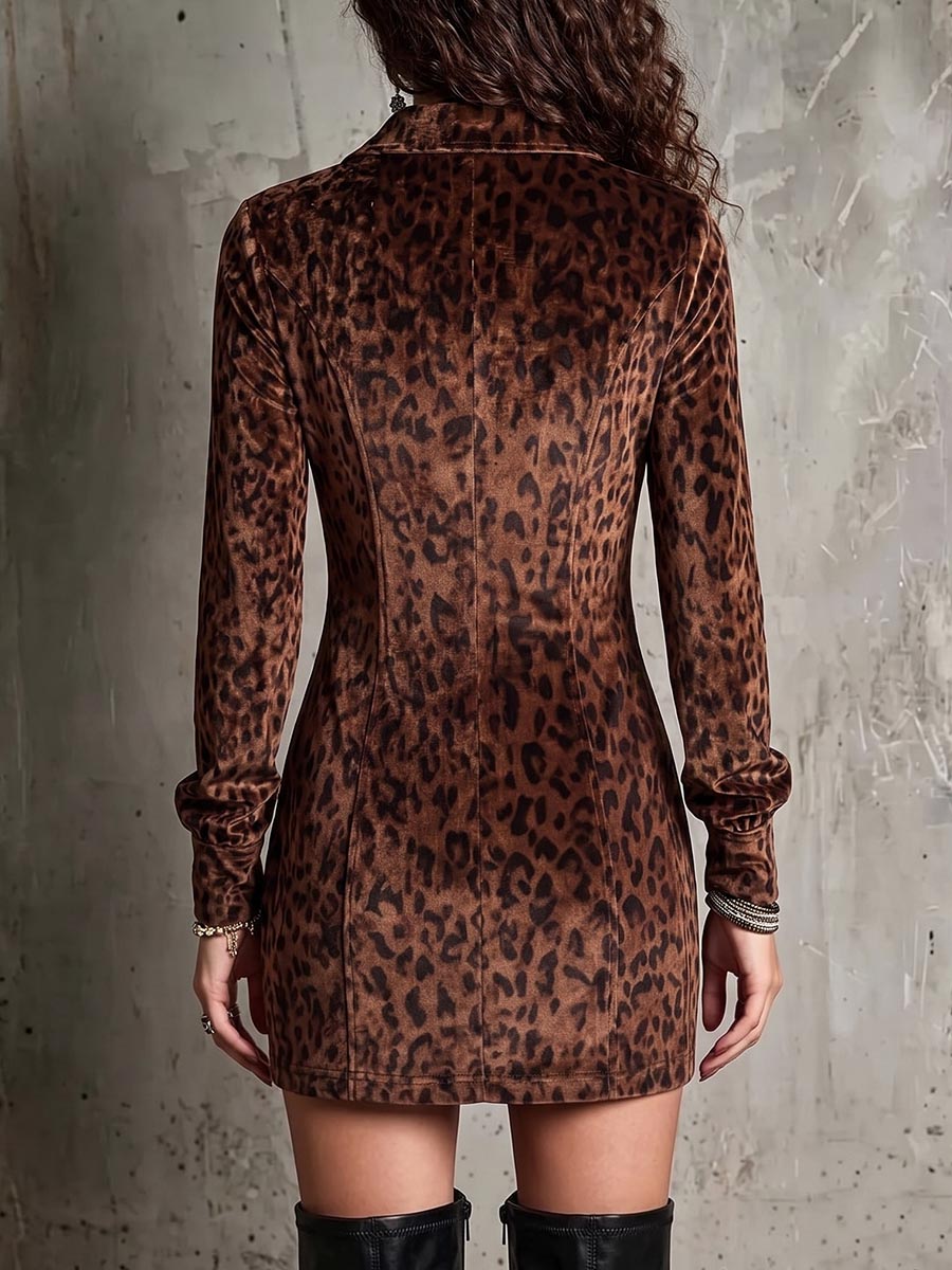 Women's Leopard Print Collar Long Sleeve Casual Slim Fit Dress