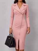 Women's Solid Color Suit Collar Long Sleeve Casual Slim Fit Bodycon Dress