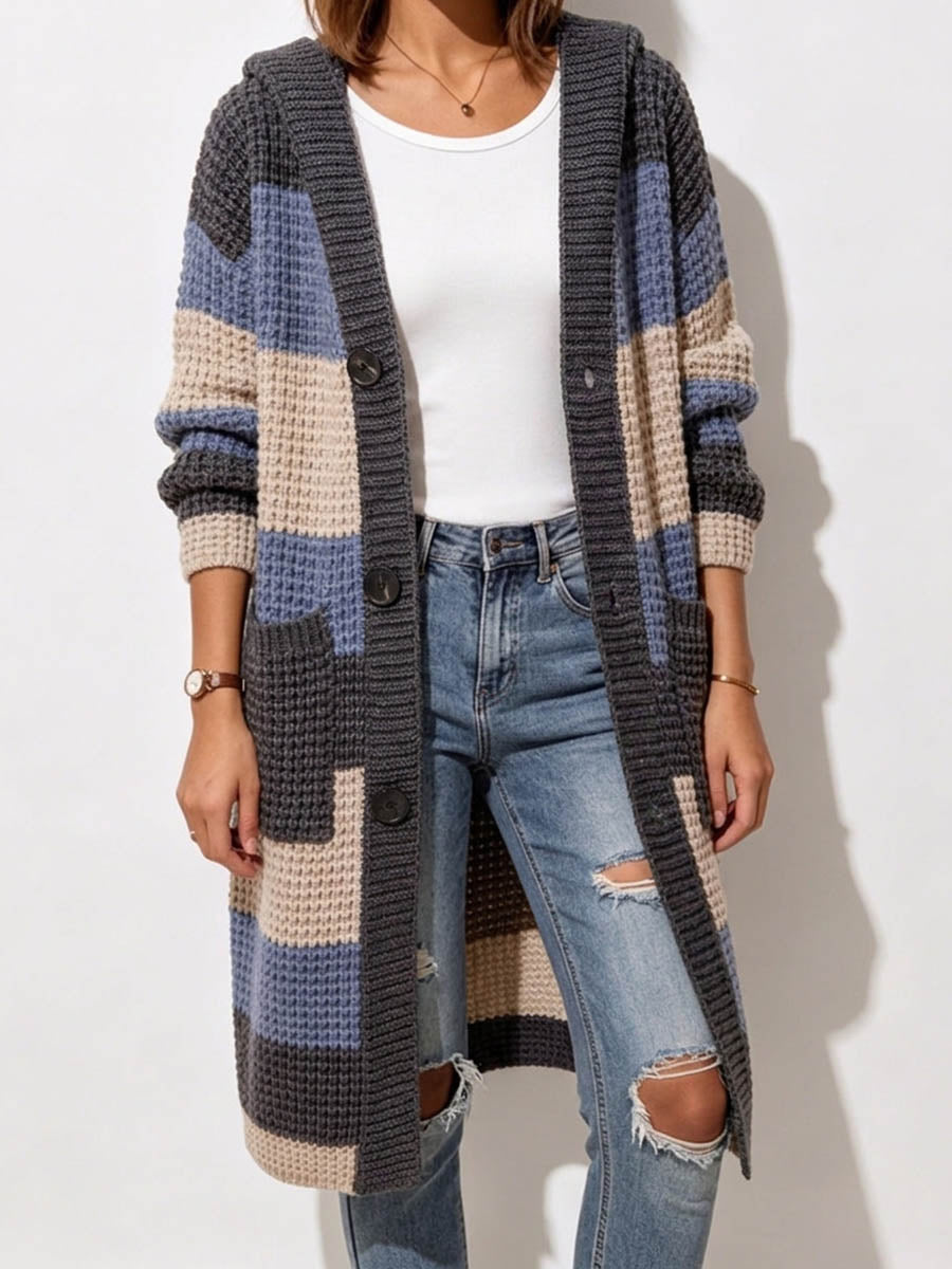 Women's Geometric Print Lapel Long-sleeved Casual Loose Hooded Knit Cardigan