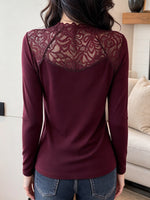 Chic Long-sleeve Knit Top With Lace Panels And Rhinestone Embellishments