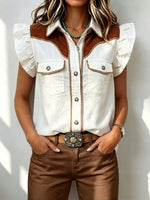 Chic Ruffle-sleeve Button-up Corduroy Patchwork Shirt
