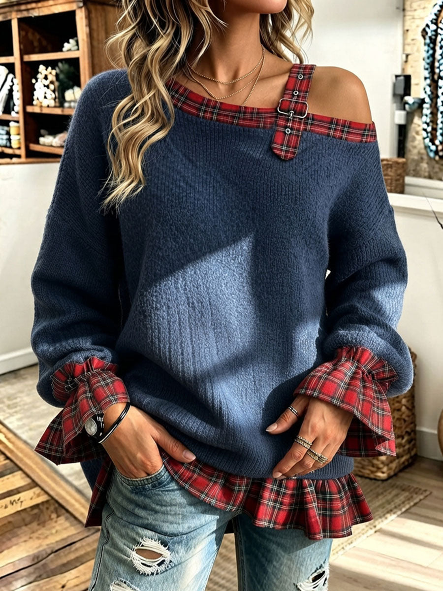 Cozy Buckle Plaid Ruffled Patchwork Knit Sweater