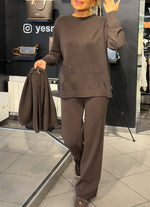 Cozy, Loose-fitting Striped Knit Top And Trousers Two-piece Set (scarf Not Included)