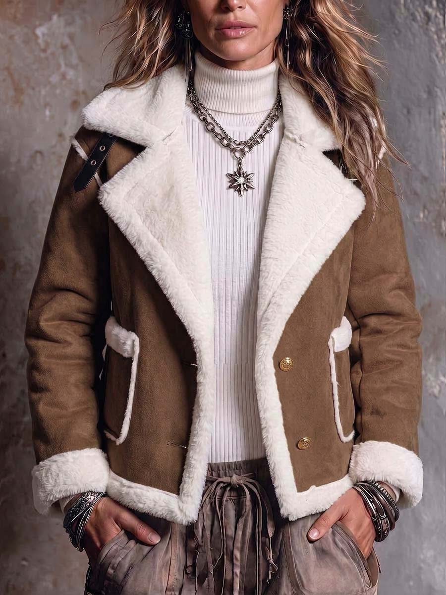 Women's Long-sleeved Casual Loose-fitting Faux Suede Jacket With Lapel