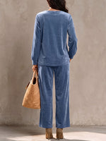 Women's Solid Color V-neck Long-sleeved Casual Loose Velvet Top And High-waisted Wide-leg Pants Set