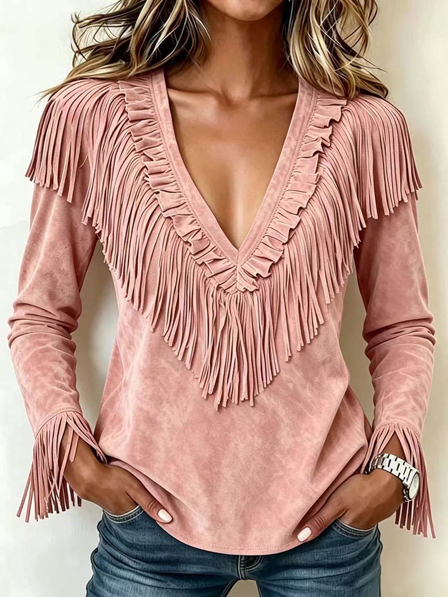 Women's Solid Color V-neck Long-sleeved Casual Loose Tassel Top