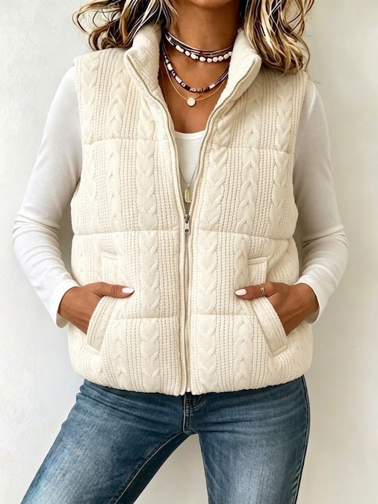 Casual Cable-knit Quilted Zip-up Vest