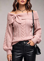 Chic And Sweet Off-shoulder Cable-knit Sweater With Bow Detail