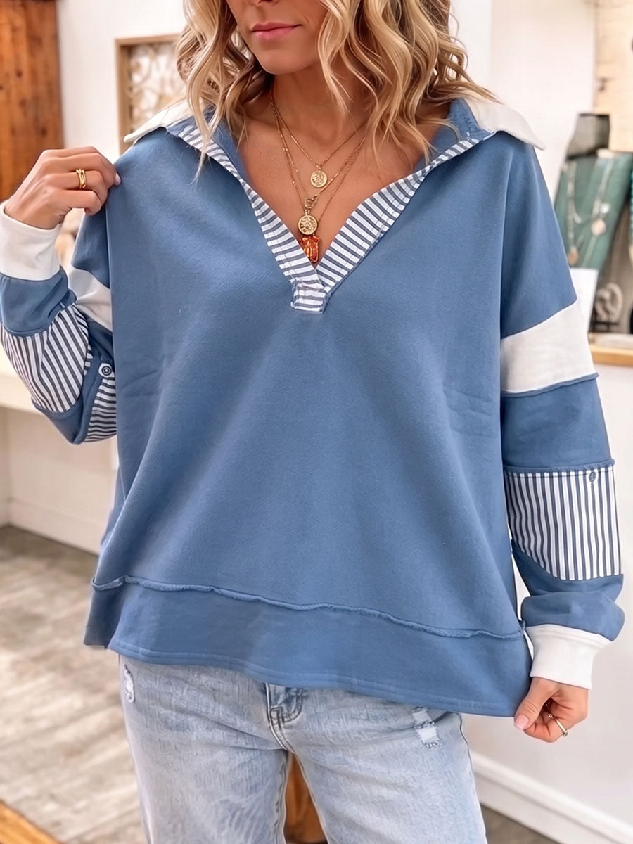 Chic Cozy Oversized V-neck Striped Sweatshirt