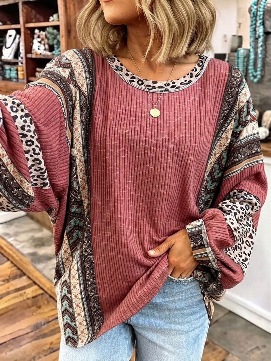 Boho Cozy Oversise Mixed-print Long-sleeve Top