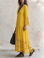 Bohemian Long Lace Dress With Cutouts And Tassels