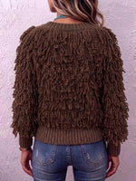Fringe Trim Single‑breasted Relaxed Knit Cardigan