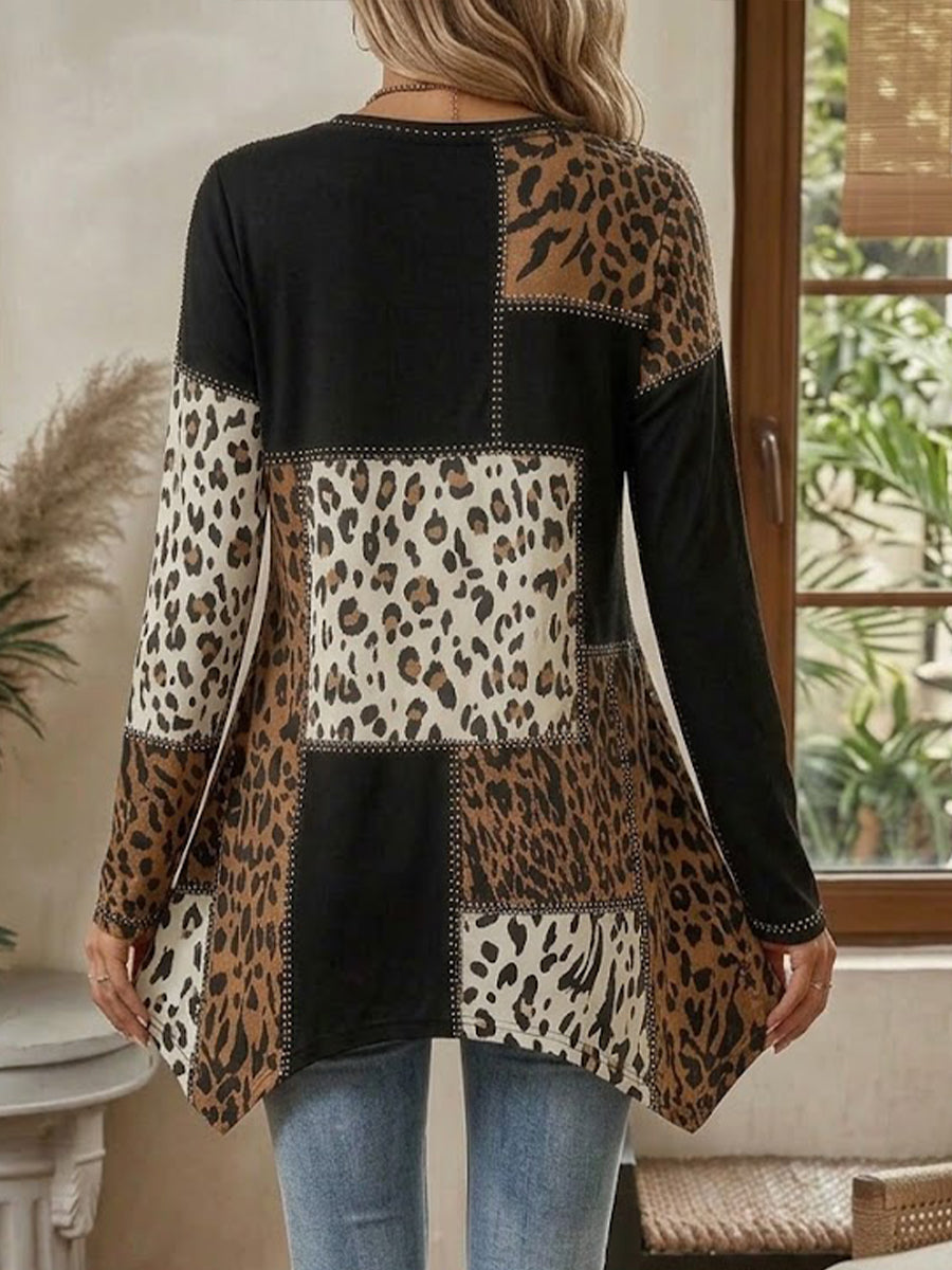 Bohemian-style Leopard Print Stretch Knit Top