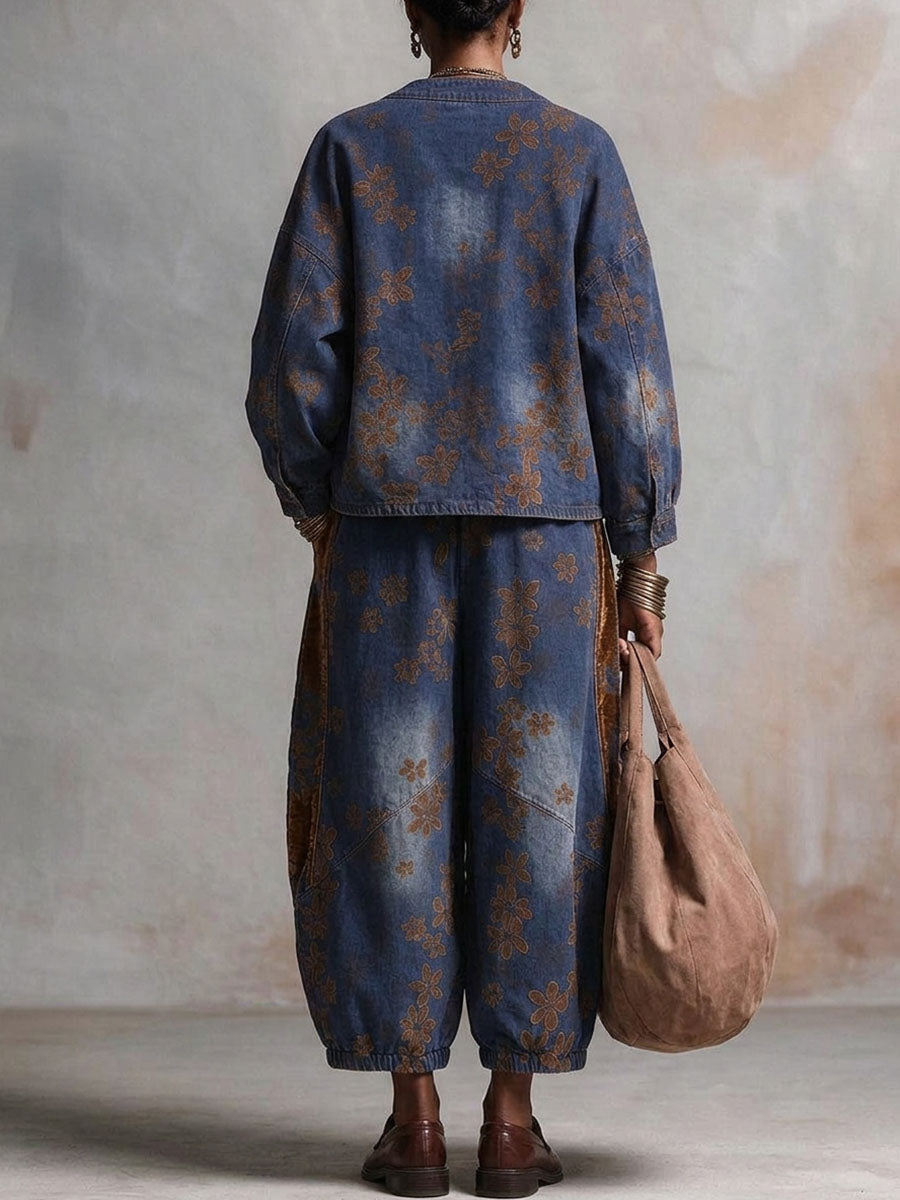 Women's Vintage Floral Print Denim Two-piece Set