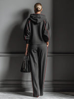 Chic Charcoal Grey Red-Trimmed Hooded Tracksuit Set