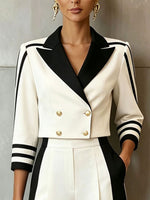 Chic Sophisticated Black And White Colorblock Blazer And Trouser Suit