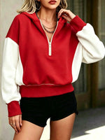Chic Red and White Colorblock Quarter-Zip Hoodie