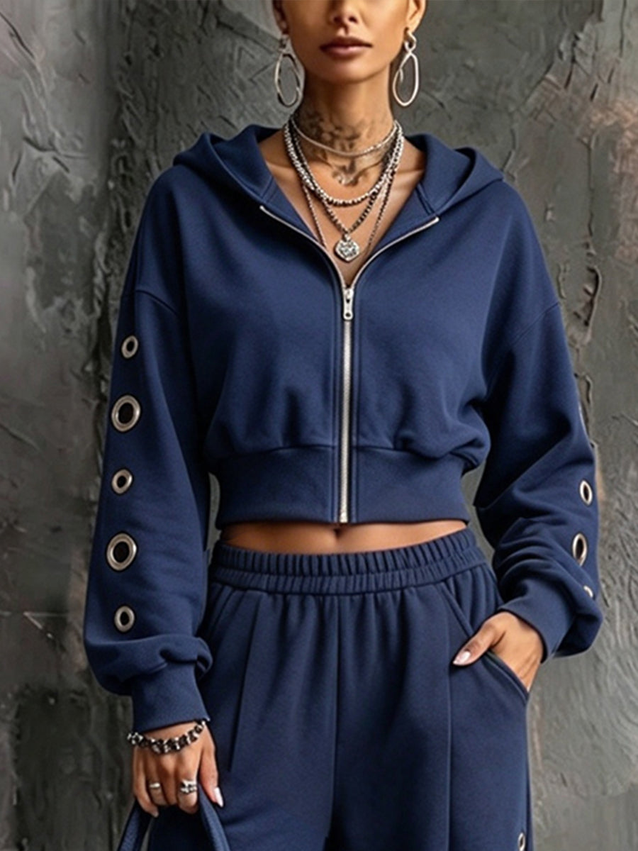 Casual Hooded Sweatshirt With Metal Eyelet Details