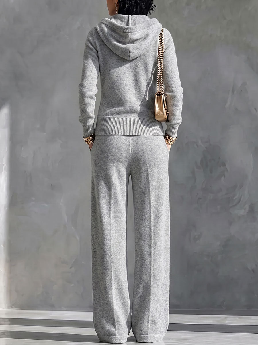 Women's Solid Color Collared Long-Sleeved Casual Loose Hooded Cardigan Top and High-Waisted Wide-Leg Pants Set