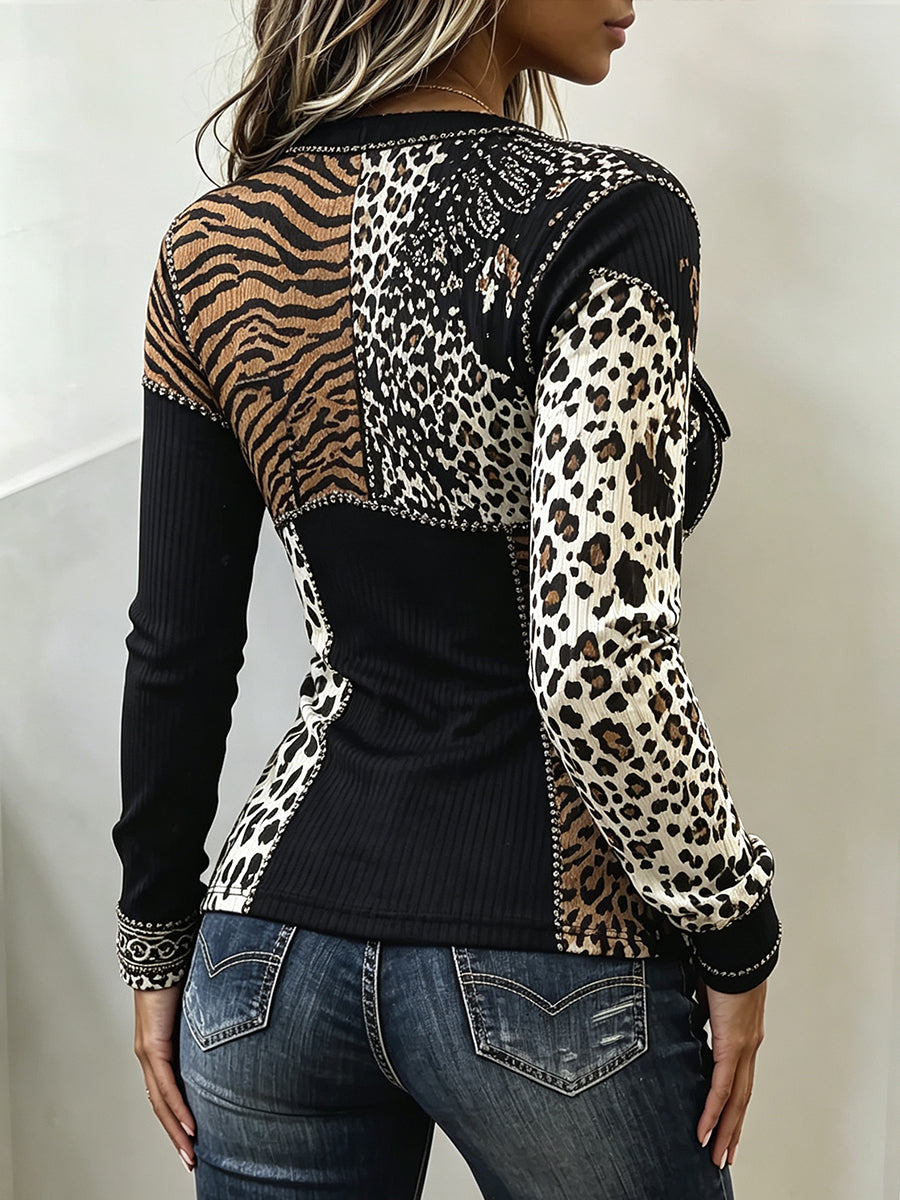 Chic Mixed Animal Print Patchwork Knit Top