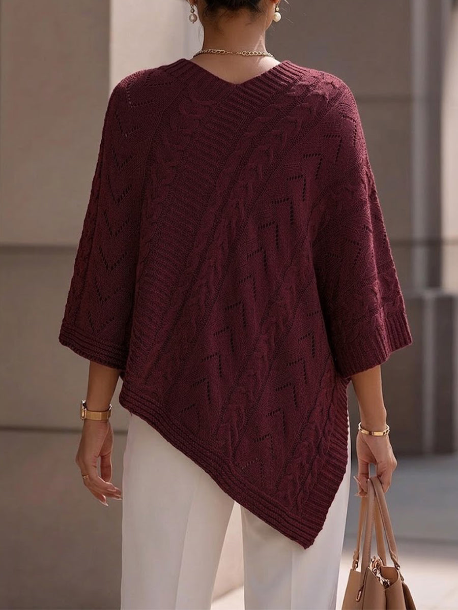 Cable Open‑work V‑neck Cape‑style Knit Top