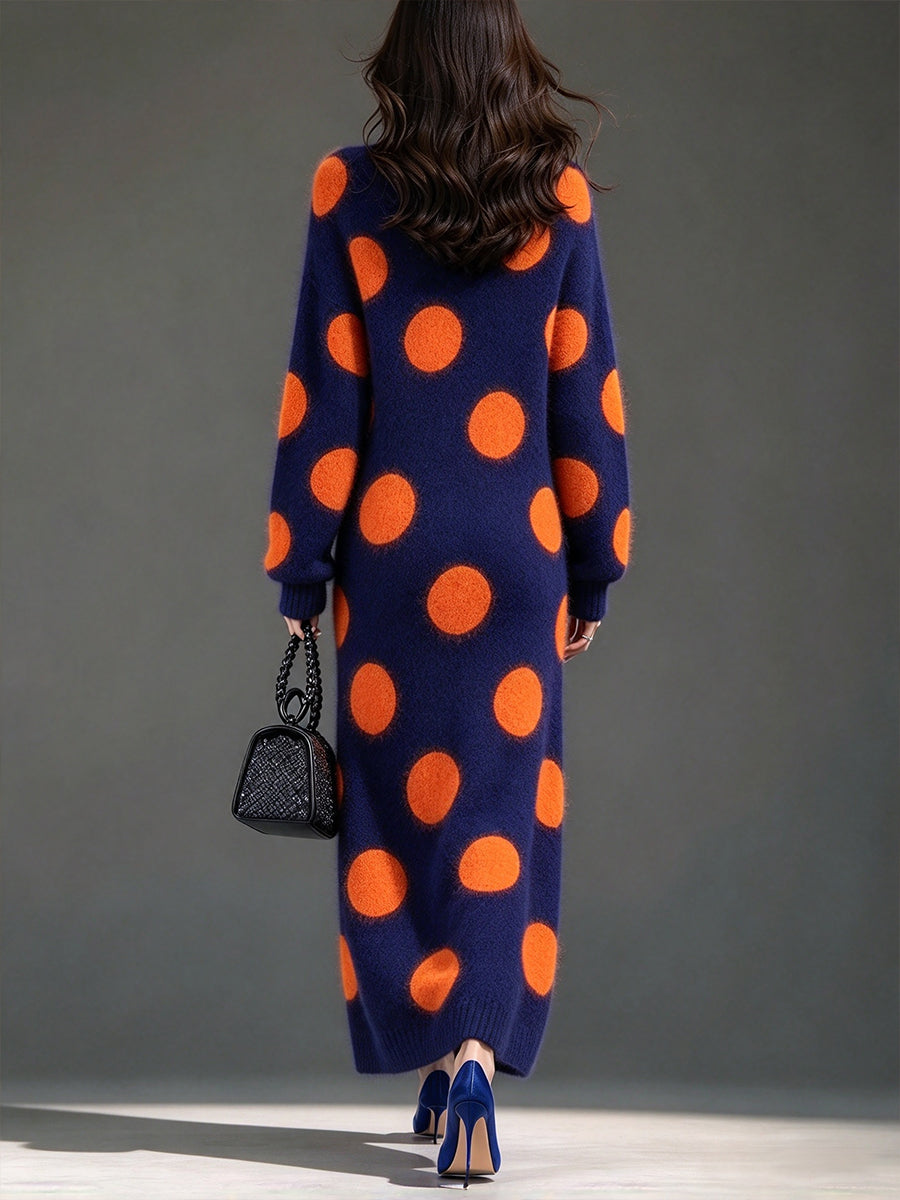 Cozy Polka-dot Wool-blend Knit Midi Skirt With A Soft, Fleecy Feel