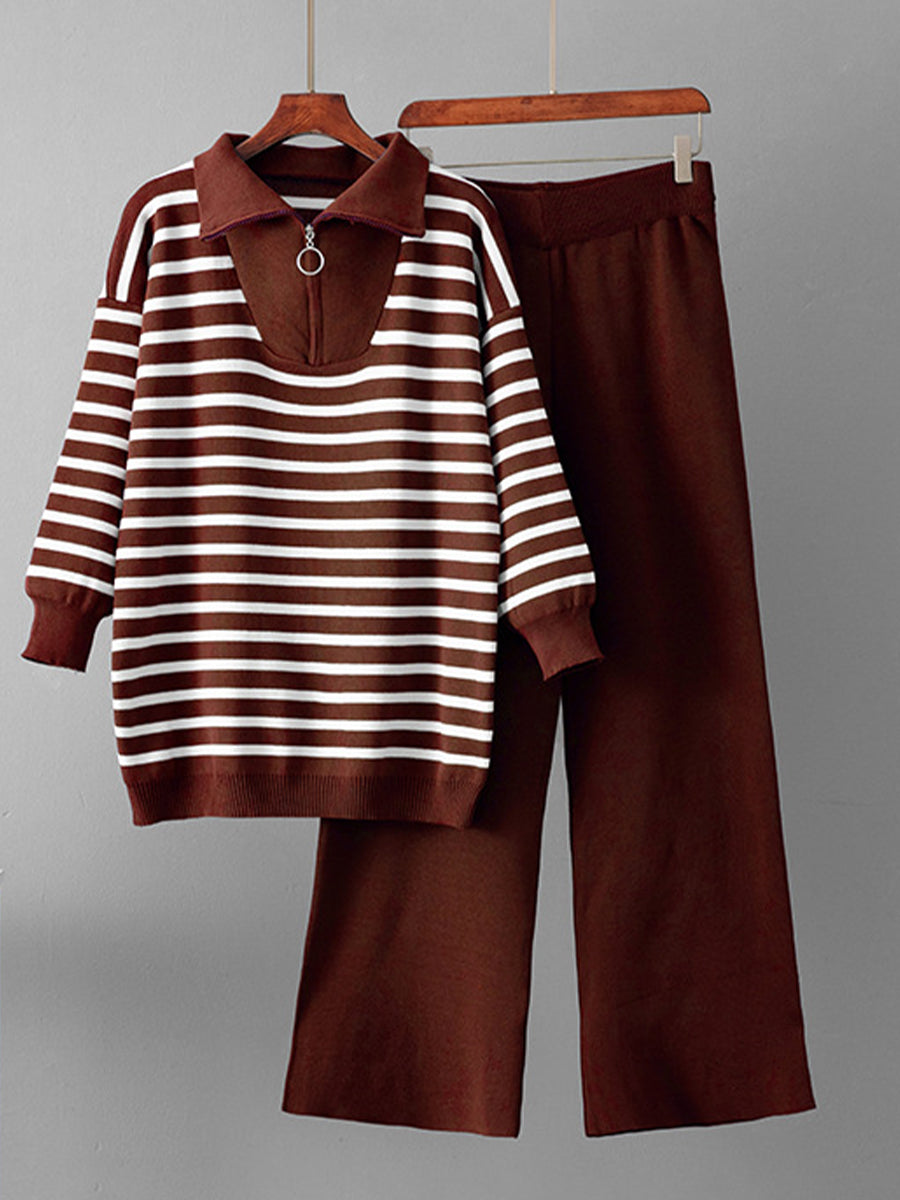 Cozy And Casual Two-piece Set Featuring A Striped Half-zip Knit Pullover And Solid-color Knit Trousers.