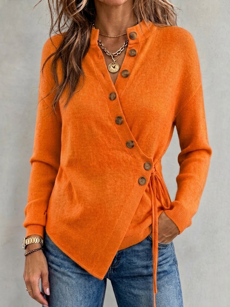 Asymmetric-button, Waist-cinching Tie-detail Knit Top