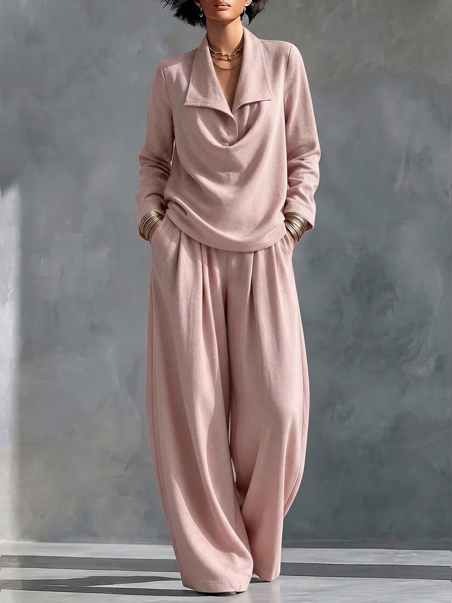 Women's Solid Color Collared Long-sleeved Casual Loose Top And High-waisted Wide-leg Pants Set