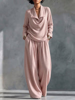 Women's Solid Color Collared Long-sleeved Casual Loose Top And High-waisted Wide-leg Pants Set