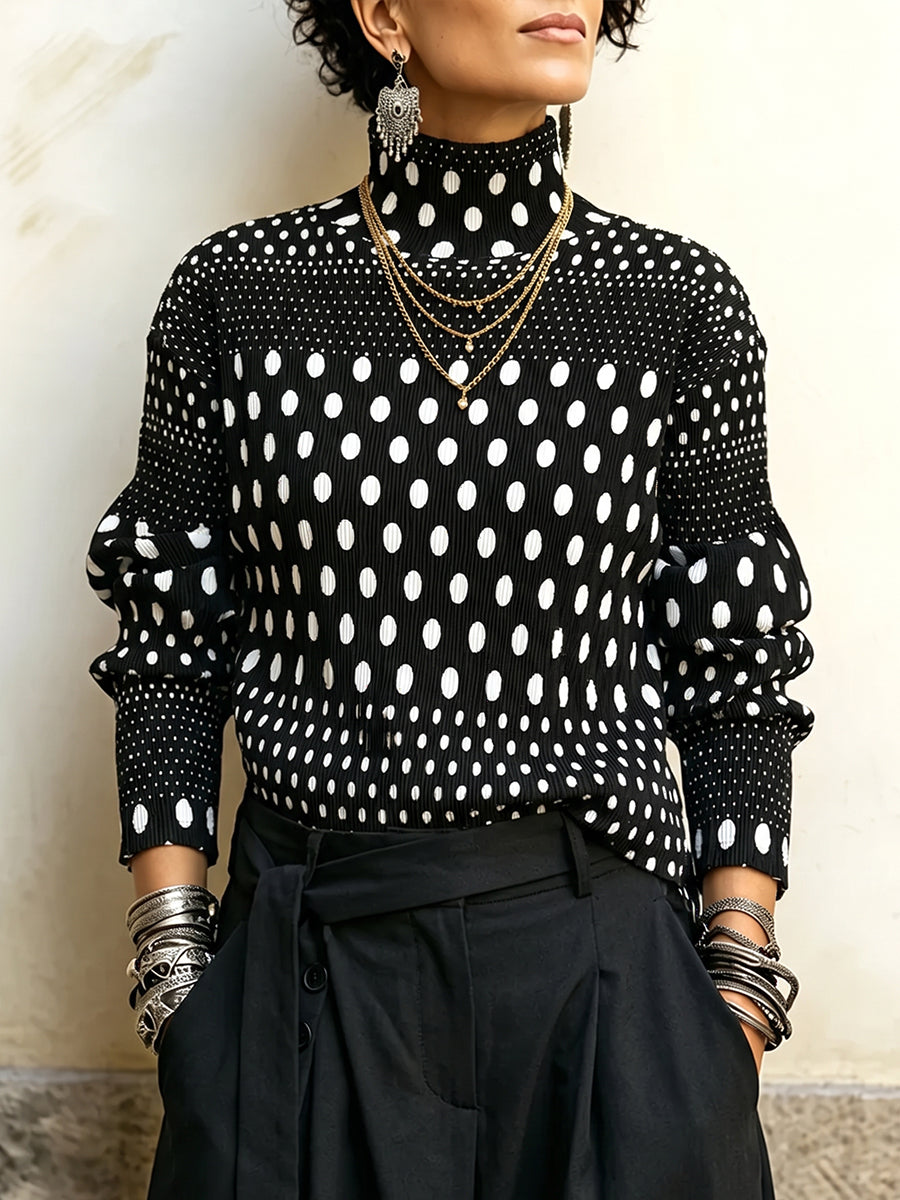 Elegant Polka Dot Ribbed Turtleneck Sweater