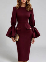 Women's Solid Color Round Neck Long Sleeve Casual Slim Fit Bodycon Dress