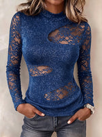Chic Long-sleeve Top Featuring A Mix Of Shimmering Knit Fabric And Lace.