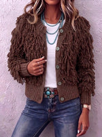 Fringe Trim Single‑breasted Relaxed Knit Cardigan