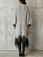 Elegant Cozy Shimmer Knit Midi Dress With Lace Trim