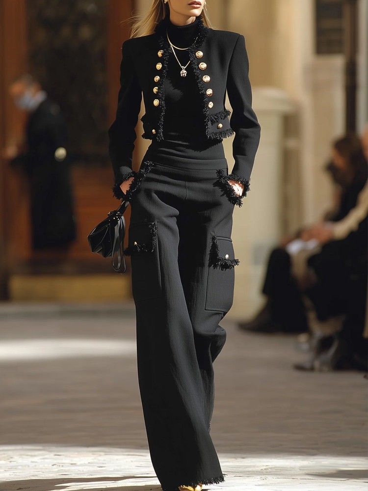 Casual Black Trousers With Tassels