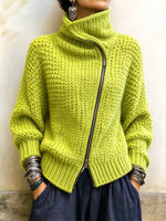 Chunky Knit Asymmetrical Zip-Up Turtleneck Sweater